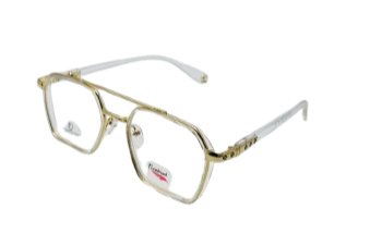 Gold and white eyeglasses on a white background