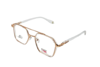 Eyeglasses with gold frame and white arms on a white background