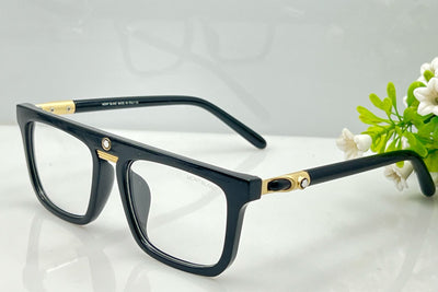 Black eyeglasses with gold accents 